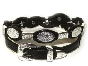 A Black leather Oval and Ferrules Silver Buckle hat band with a silver buckle.