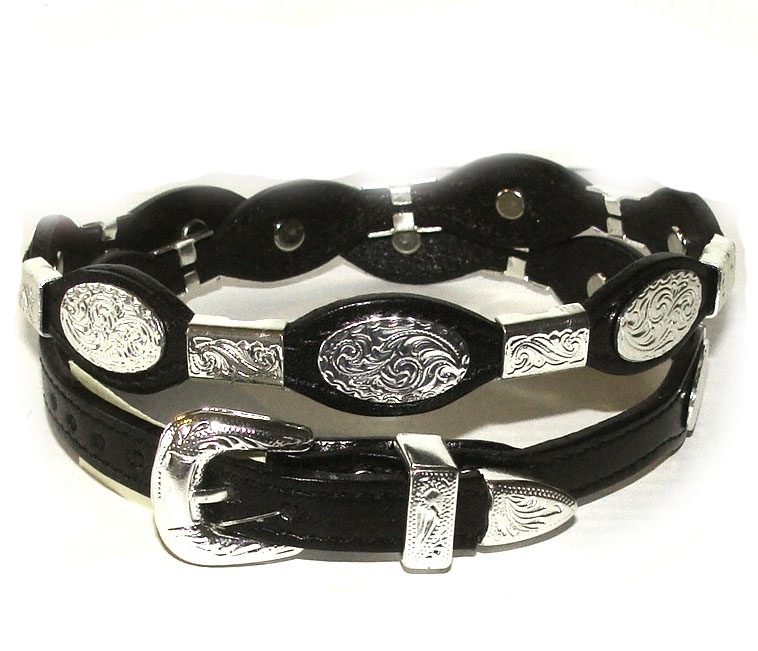 A Black leather Oval and Ferrules Silver Buckle hat band with a silver buckle.