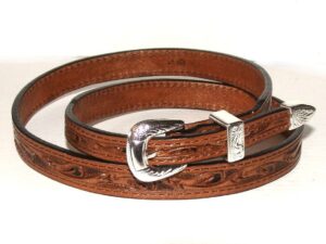 A brown leather belt with a silver buckle.