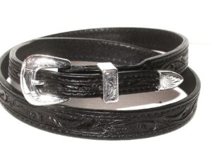 A black leather belt with an ornate buckle.