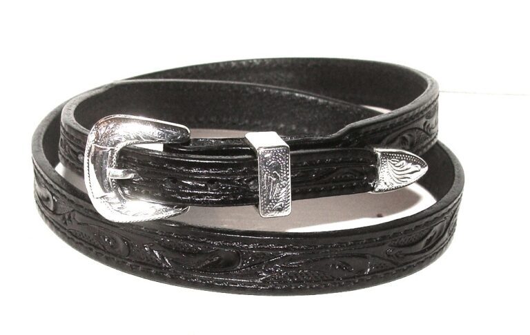 A black leather belt with an ornate buckle.
