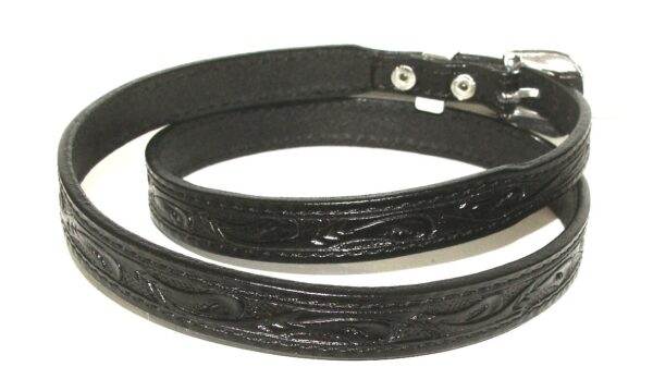 A black leather dog collar with an ornate buckle.