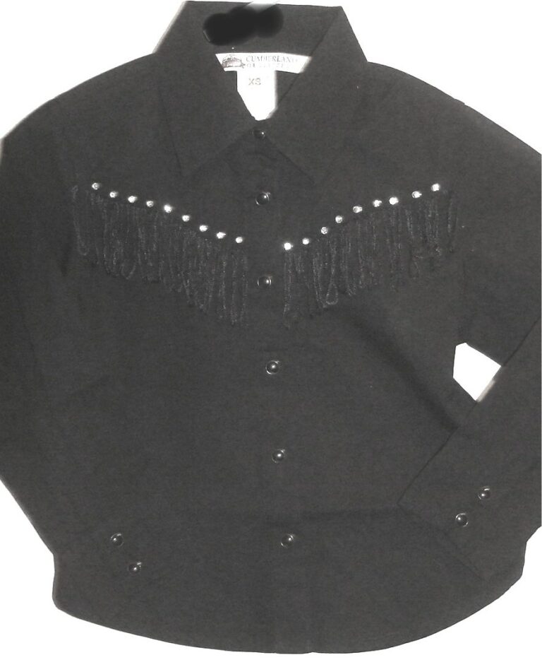 A Girls Silver studded rhinestone Black fringe western shirt featuring silver studded rhinestones.