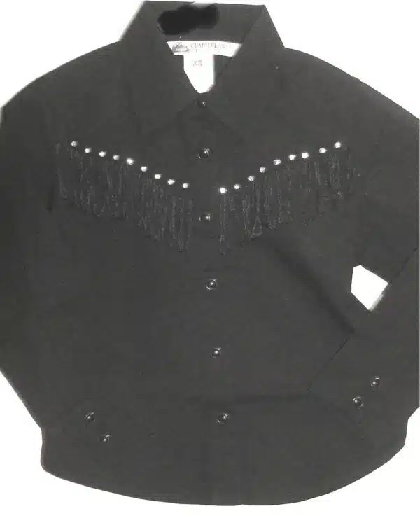 A black shirt with fringes and beads.