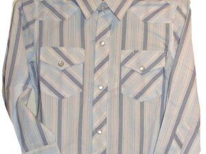 A Mens Pearl Snap Blue and White stripe western shirt on a white background.