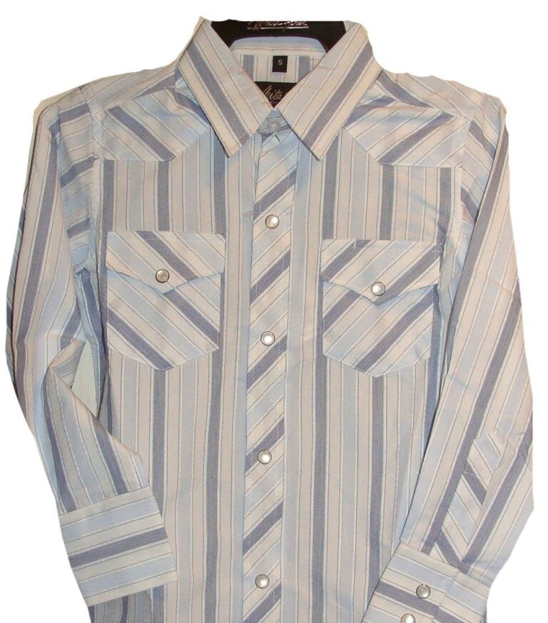 A Mens Pearl Snap Blue and White stripe western shirt on a white background.