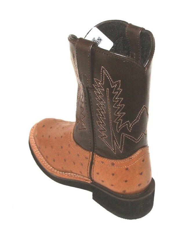 A pair of brown cowboy boots with ostrich print.