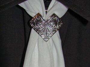 A V Concho Silver Western Scarf Slide black and white shirt.