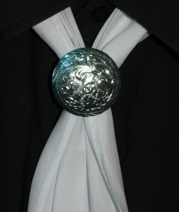 A silver necktie with a Medium Size Silver Western Scarf Slide on it.