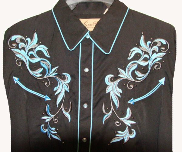 A Mens Scully Blue, Black Studded Embroidered Western Shirt with blue embroidery.