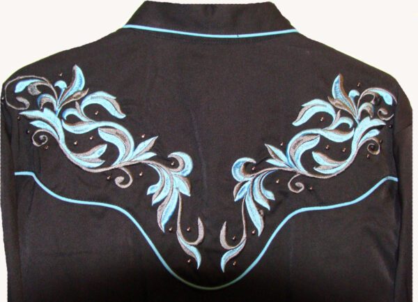 A Mens Scully Blue, Black Studded Embroidered Western Shirt with blue embroidery.