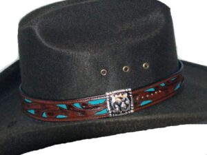 A black hat with a brown and turquoise band