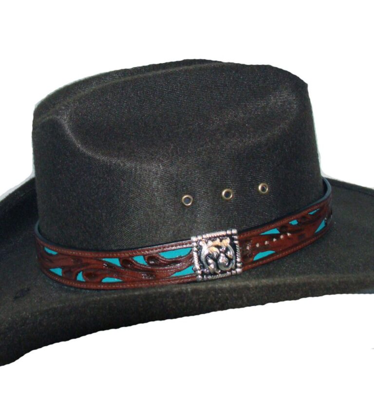 A black hat with a brown and turquoise band