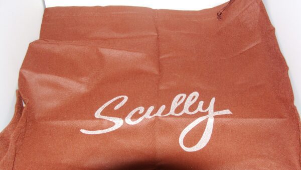 A brown bag with the word scully on it.