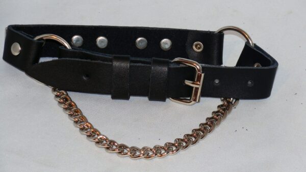 A black leather collar with a Shotgun Shell Concho Leather Cowboy Boot Chains.