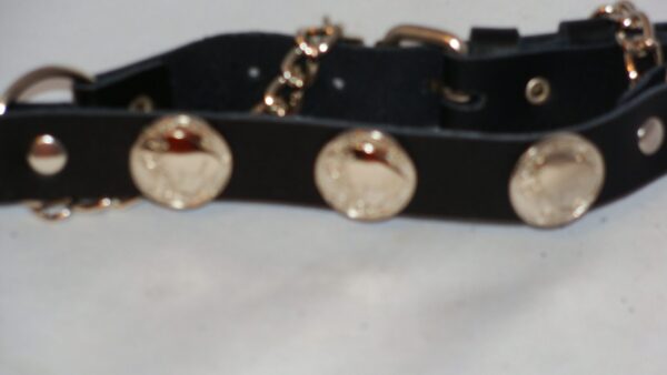 A black leather Buffalo Nickel Concho Leather Cowboy Boot Chains with gold studs on it.