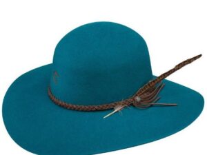 A "Free Spirit" Charlie 1 Horse Teal Wool Cowboy Hat with a feather on it.