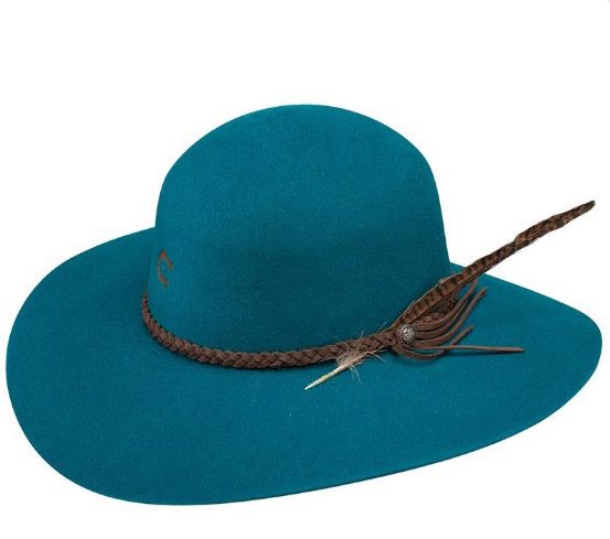 A "Free Spirit" Charlie 1 Horse Teal Wool Cowboy Hat with a feather on it.