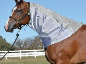 A brown Horse UV RATED NECK Guard by Cashel wearing a silver halter.