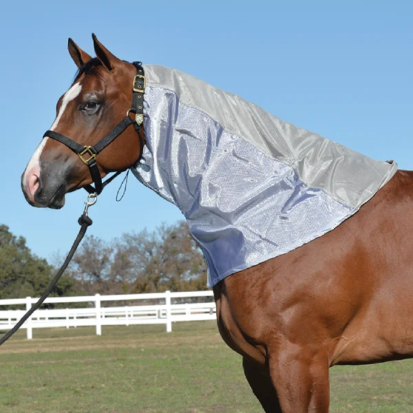 A brown Horse UV RATED NECK Guard by Cashel wearing a silver halter.