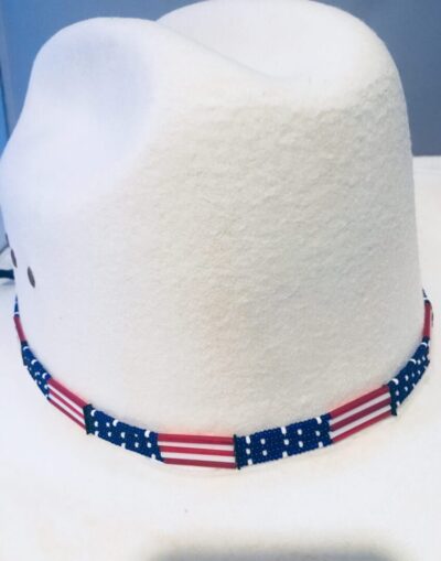A white Glass quill 5 strand "USA Flag" USA MADE hat band hat.