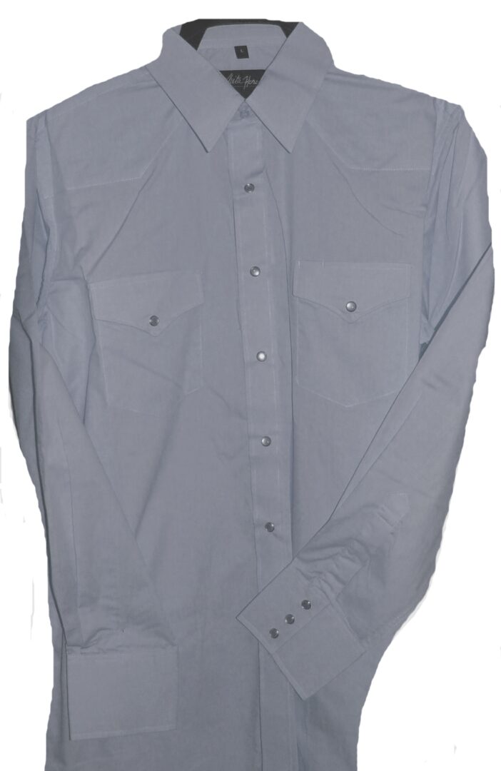 A Mens Pearl Snap Gunmetal Gray Western Shirt on a white background.