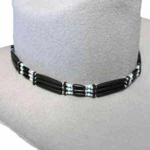 Black Leather Turquoise Beaded - Black Bone Hat Band - Silver Buckle - USA Made