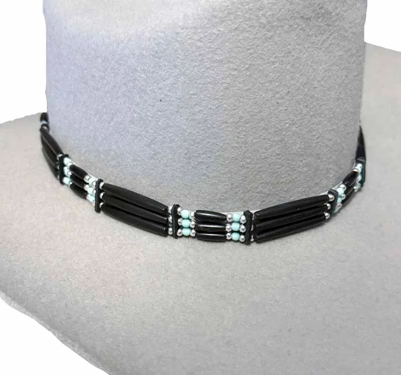 Black Leather Turquoise Beaded - Black Bone Hat Band - Silver Buckle - USA Made 1 Black Leather Turquoise Beaded - Black Bone Hat Band - Silver Buckle - USA Made