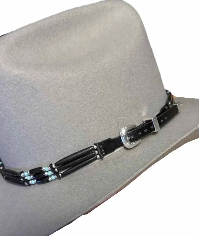 Black Leather Turquoise Beaded - Black Bone Hat Band - Silver Buckle - USA Made 2 Black Leather Turquoise Beaded - Black Bone Hat Band - Silver Buckle - USA Made