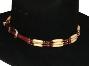 Cow Bone and Brown Leather Silver Buckle Cowboy Hat Band with red and white beads.