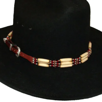 Cow Bone and Brown Leather Silver Buckle Cowboy Hat Band with red and white beads.