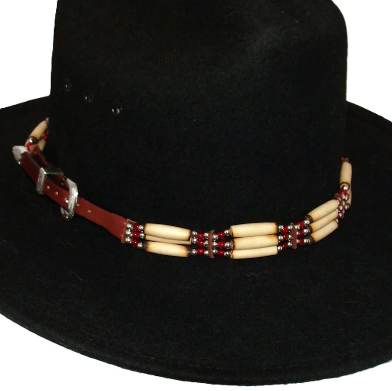 Cow Bone and Brown Leather Silver Buckle Cowboy Hat Band with red and white beads.