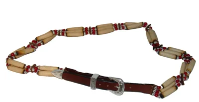 Cow Bone and Brown Leather Silver Buckle Cowboy Hat Band with red and white beads.