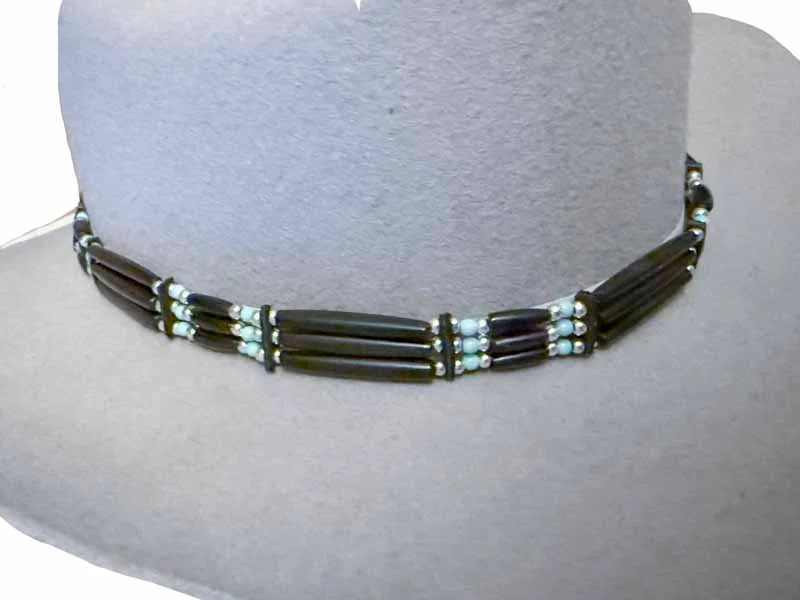 Black Leather Turquoise Beaded - Black Bone Hat Band - Silver Buckle - USA Made 4 Black Leather Turquoise Beaded - Black Bone Hat Band - Silver Buckle - USA Made