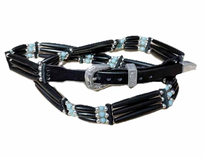Black Leather Turquoise Beaded - Black Bone Hat Band - Silver Buckle - USA Made 3 Black Leather Turquoise Beaded - Black Bone Hat Band - Silver Buckle - USA Made