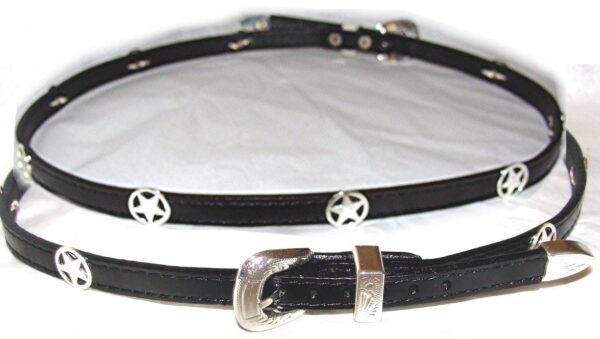 A black leather belt with silver stars on it.