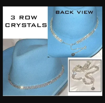 3 Row Sterling Rhinestone Crystal Cowboy Hat Band <ul> <li>3 Row Rhinestones</li> <li>Sterling Silver Plated</li> <li>Adjustable to any hat size</li> <li>hook closure</li> </ul> •