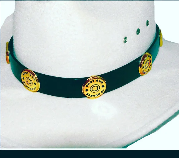 A black hat with a Gold Shotgun Shell Black Leather Cowboy Hat Band.