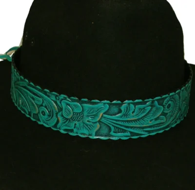 wide band turquoise tooled leather cowboy hat band