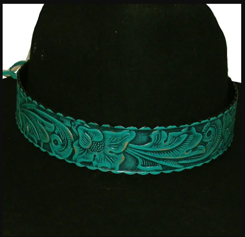 1.5" Wide Turquoise Tooled Leather Cowboy Hat Band - USA Made 1 1.5" Wide Turquoise Tooled Leather Cowboy Hat Band - USA Made