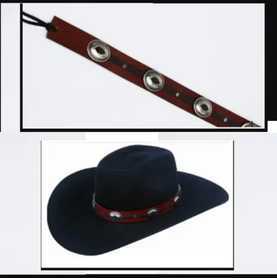 <div class="qsc-html-content"> 1" Brown Leather Black Strip Conchos Cowboy Hat Band <ul style="list-style: square inside none;"> <li>Silver Conchos</li> <li>Leather</li> <li>1" wide</li> <li><span style="color: #0000ff;">USA MADE </span></li> </ul> </div> <strong>Condition:</strong> New •