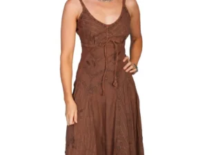 woman wearing the Scully Women's Full Length Brown Copper Western Spaghetti Dress.