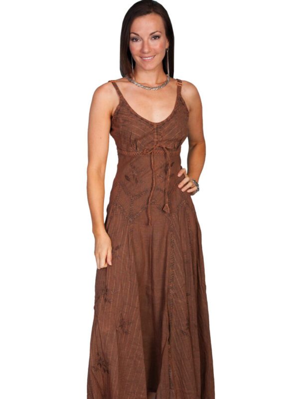 A woman is posing in a Scully Womens Full Length Brown Copper Western Spaghetti Dress.