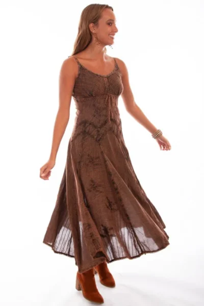 woman wearing the Scully Women's Full Length Brown Copper Western Spaghetti Dress.