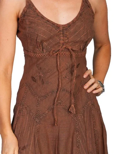 woman wearing the Scully Women's Full Length Brown Copper Western Spaghetti Dress.