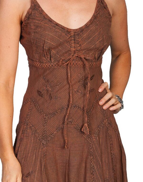 A woman is posing in a Scully Womens Full Length Brown Copper Western Spaghetti Dress.