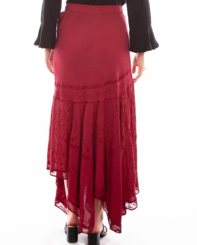 Scully Womens Burgundy Rayon Full Length Western Flair Skirt <ul> <li>100% rayon</li> <li>Full length skirt</li> <li>elastic waist</li> <li>XS to 2XL</li> </ul> •
