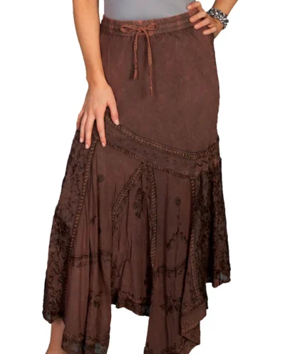 Scully Womens Copper Rayon Full Length Western Flair Skirt <ul> <li>100% rayon</li> <li>Full length skirt</li> <li>elastic waist</li> <li>XS to 2XL</li> </ul> •