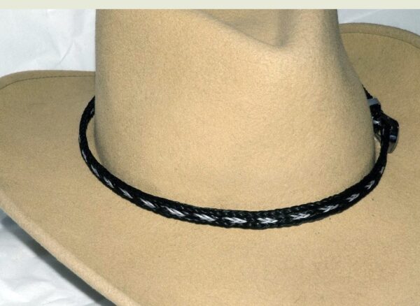 A tan cowboy hat with a Sterling Silver Buckle Black Horse hair hat band.