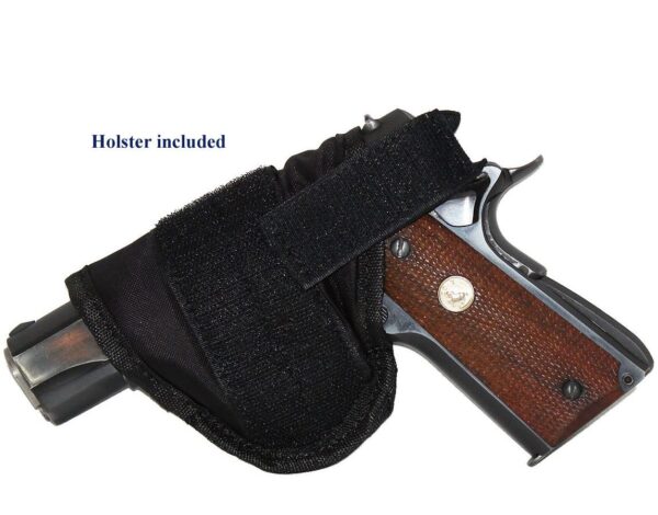 A "Elaine" Women's Black Leather Stud Concealed Handbag with a gun attached to it.